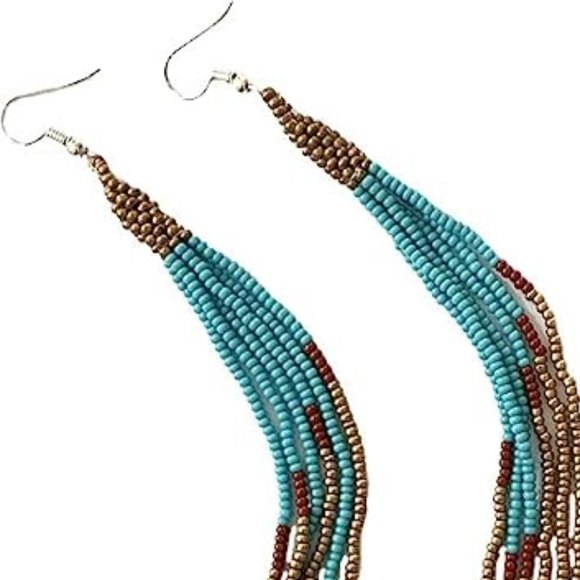Long 9 Inch Turquoise Blue Bronze Beaded Tassel Earrings Aqua Dangle Statement - Picture 3 of 6